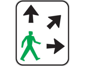 Pedestrians crossing right sign - three directional arrows green man symbol